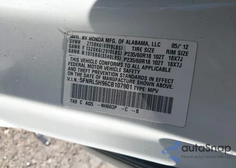 2012 Honda Odyssey Touring/Touring Elite z USA, uszkodzony, nr VIN 5FNRL5H96CB107901